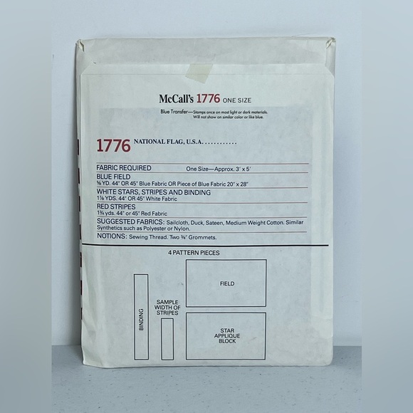 McCall's 1776 Sewing Pattern National Flag USA Uncut Blue Transfer 3' X 5' - Picture 2 of 3